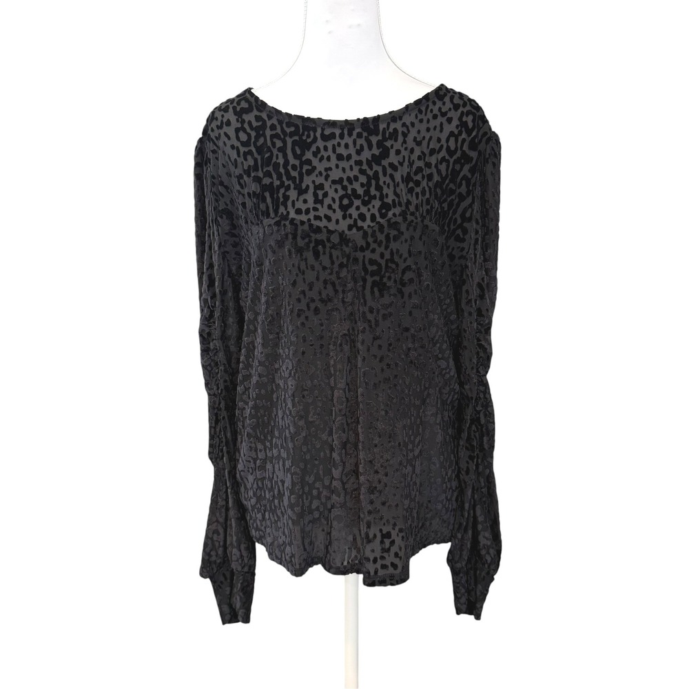 Eclair Leopard Burnout Velvet Blouse XL Black Ruched Sleeve Mob Wife Goth Glam